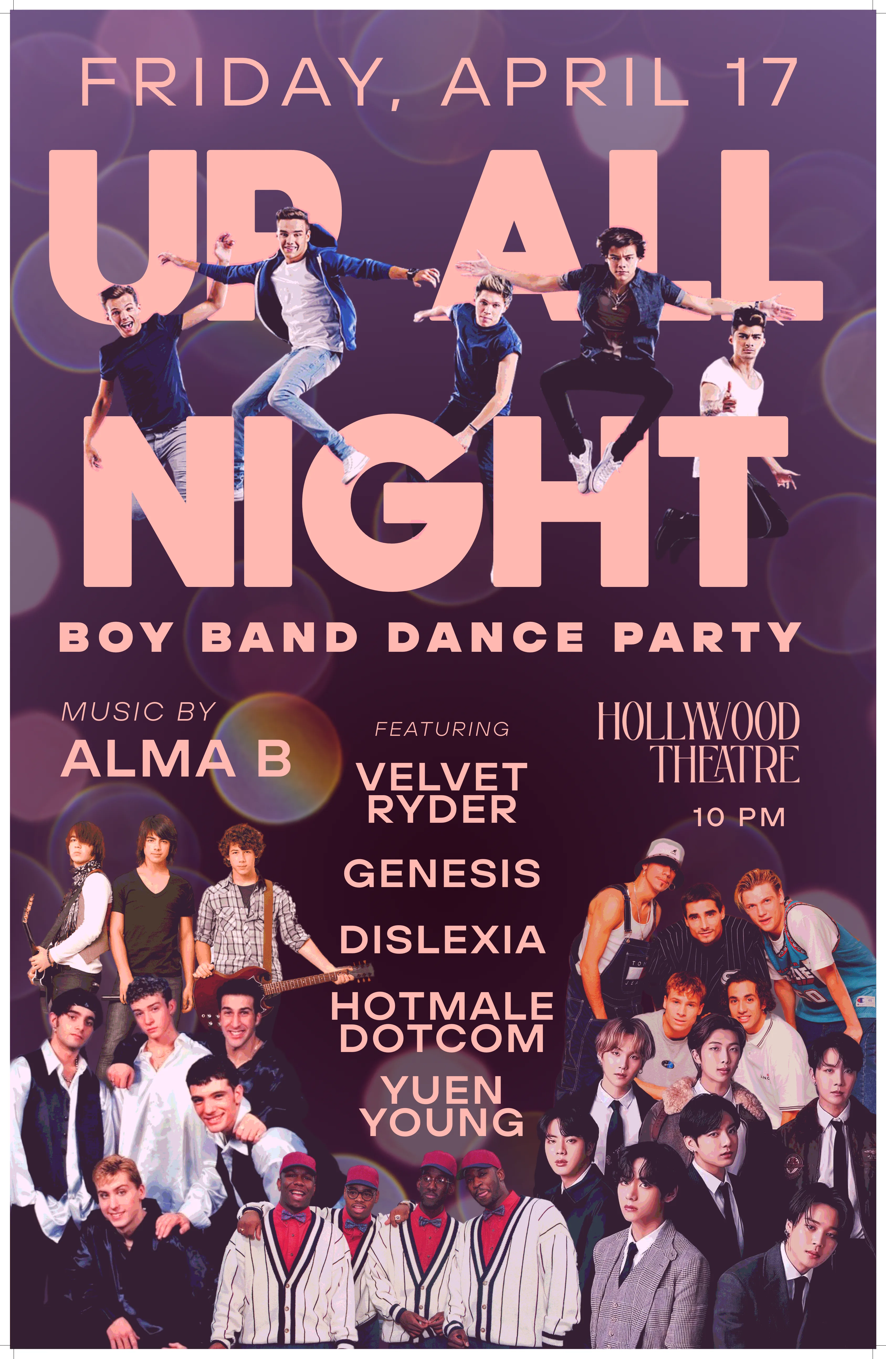 Show poster for Up All Night: Boy Band Dance Party at Hollywood Theatre, by Koby Cobb-Vialet