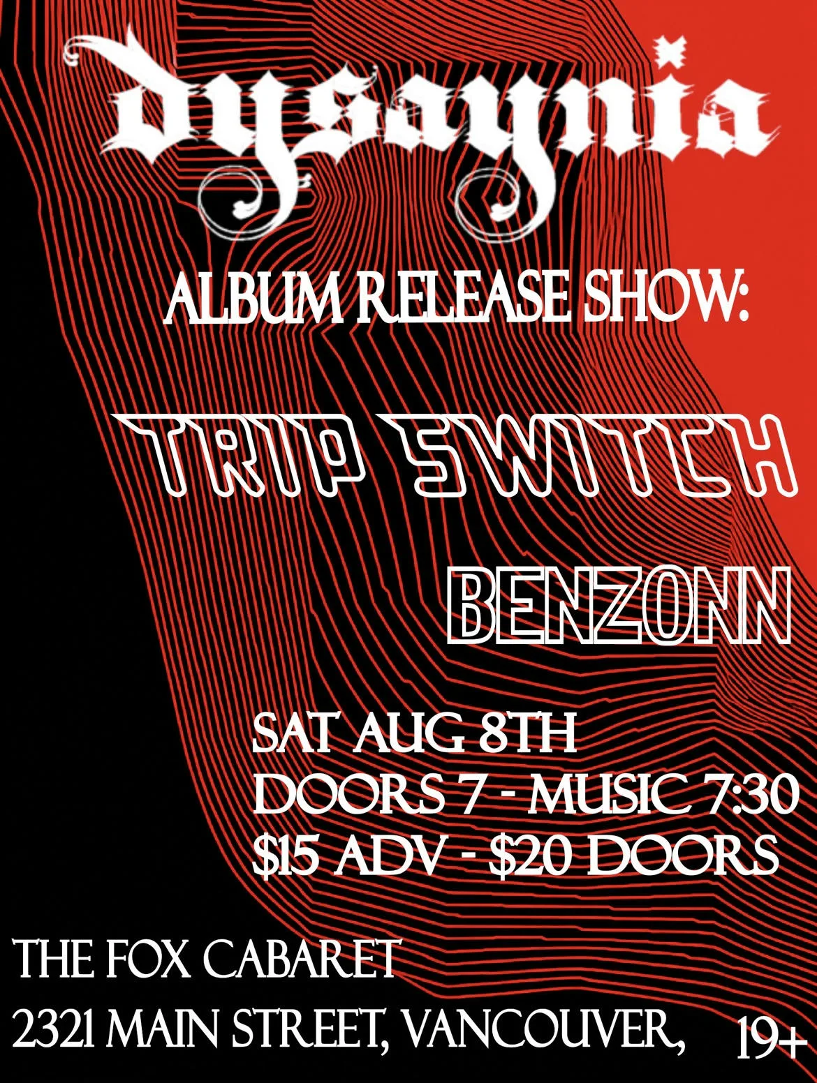 Show poster for Dysaynia album release show at The Fox Cabaret