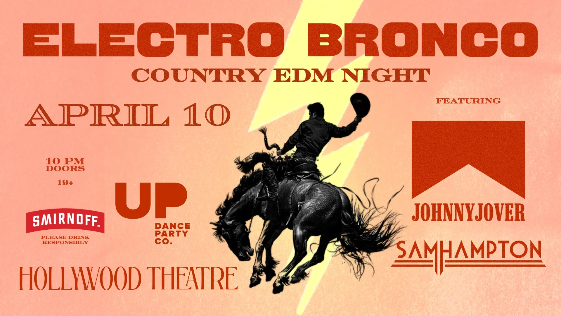 Show poster for Electro Bronco: Country EDM Night at Hollywood Theatre, by Koby Cobb-Vialet
