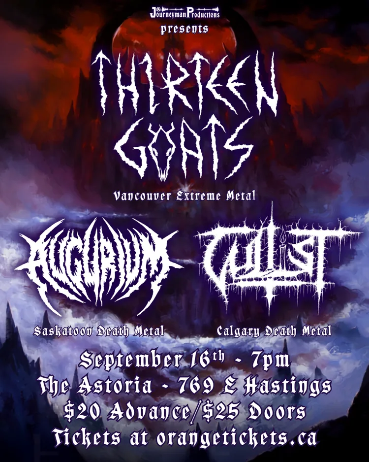 Show poster for Thirteen Goats, Augurium, Cultist - Vancouver at Astoria Pub
