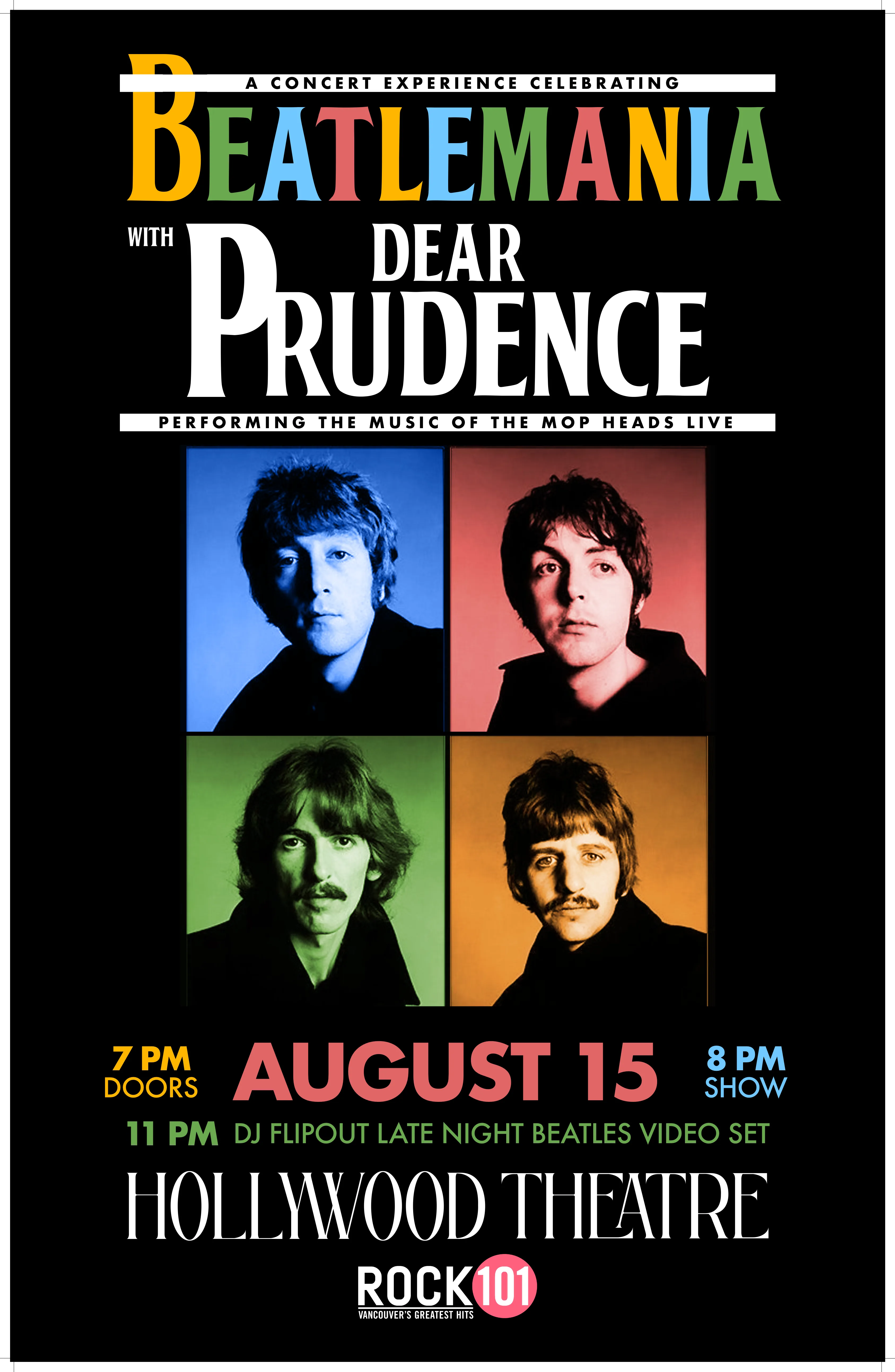 Show poster for Beatlemania with Dear Prudence at Hollywood Theatre, by Koby Cobb-Vialet