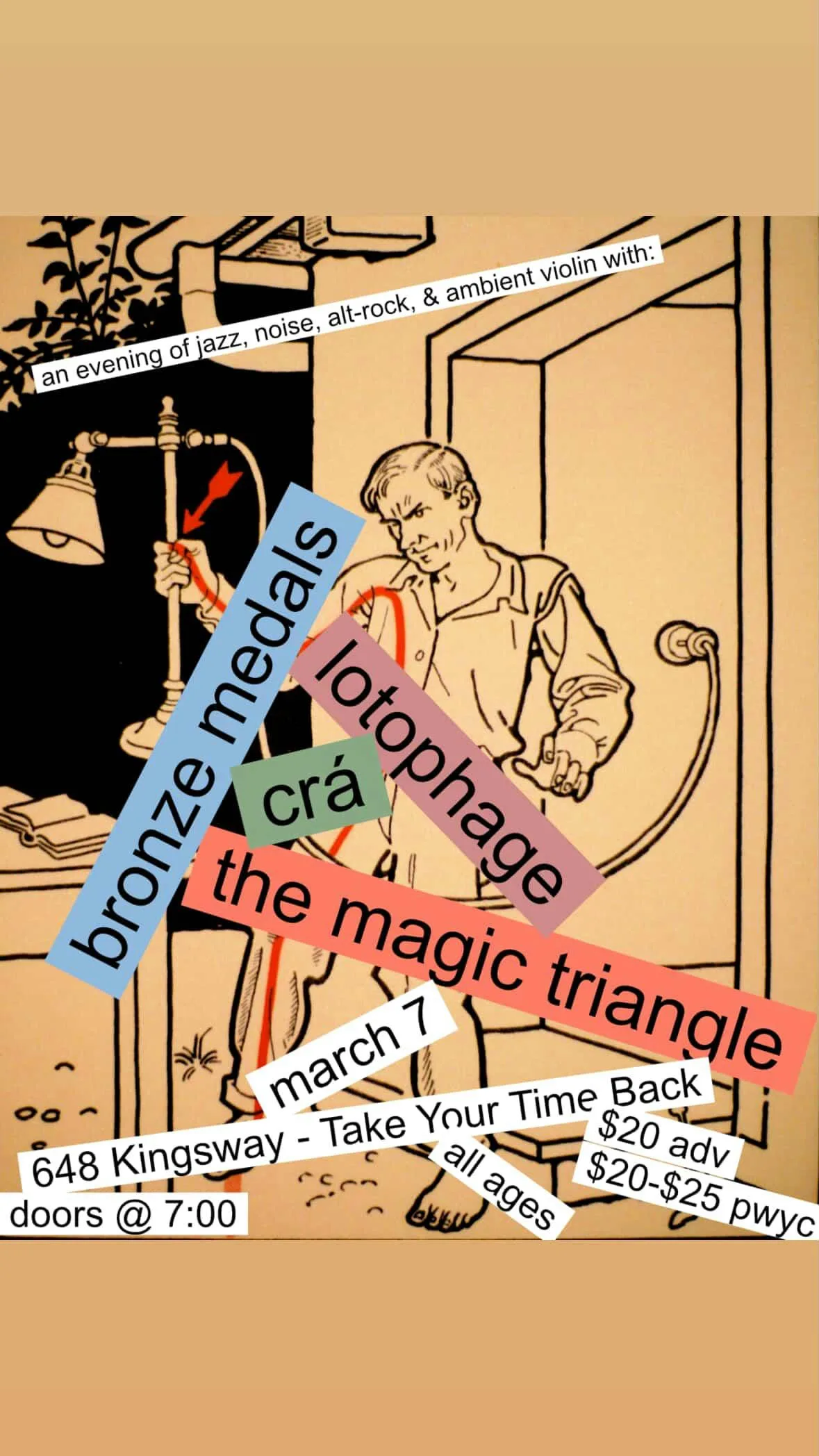 Show poster for Bronze Medals, The Magic Triangle, Crá, Lotophage at Take Your Time Back