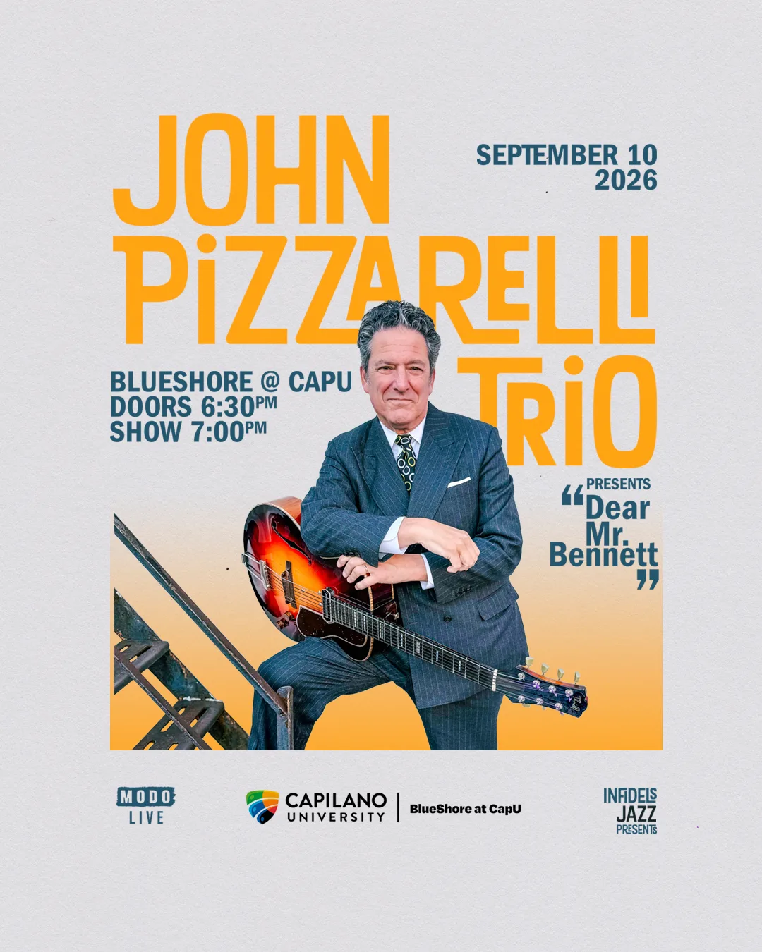 Show poster for JOHN PIZZARELLI TRIO at BlueShore Financial Centre for the Performing Arts